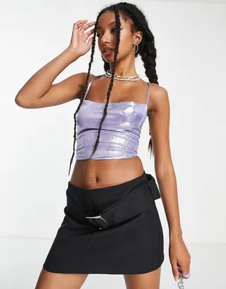 ASOS DESIGN metallic cowl neck cami in blue