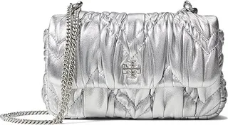 Tory Burch Kira Metallic Diamond Ruched Mini Flap Bag (Silver) Handbags