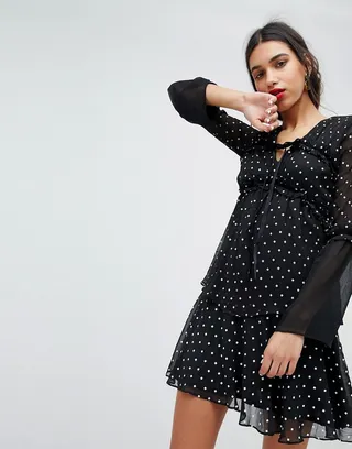 Lost Ink Mini Dress With Frill Sleeve In Mini Cross Dot