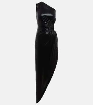 Sunburst cutout one-shoulder lame gown