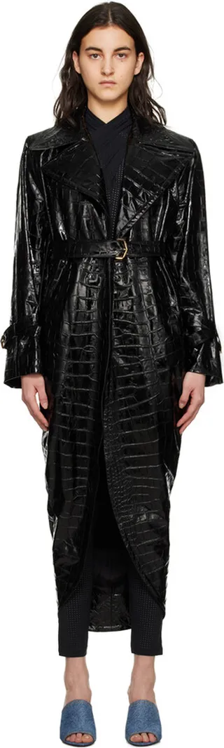 ALAÏA Black Croc Faux-Leather Trench Coat