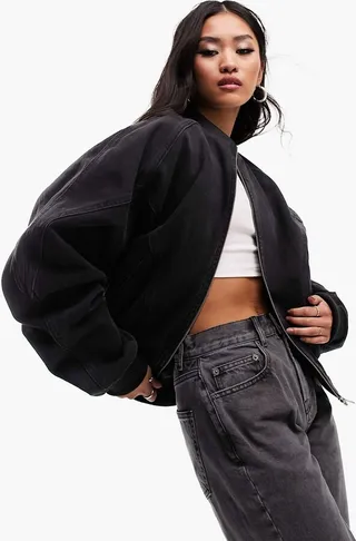 ASOS DESIGN denim bomber jacket in washed black