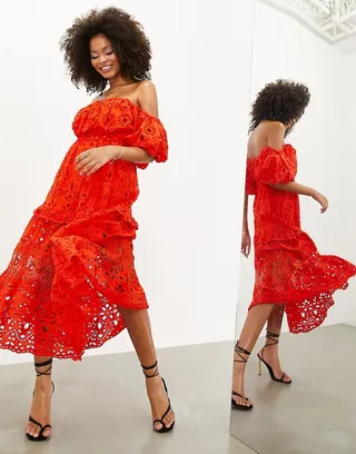 ASOS EDITION blouson off shoulder tiered eyelet midi dress in tomato red