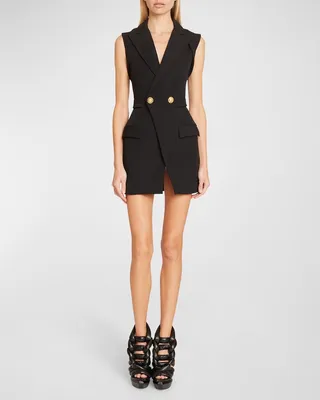 Sleeveless Double-Breasted Grain De Poudre Mini Suit Dress