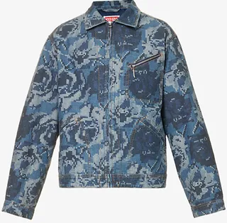ens idnight Blue Pixel Graphic-print Relaxed-fit Denim Jacket