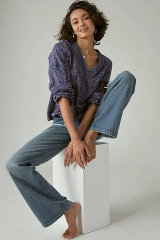 Printed Inset Lace Long Sleeve Peasant Top