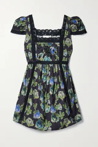 LoveShackFancy - Nutmeg Lace-trimmed Embroidered Floral-print Cotton Mini Dress - Blue