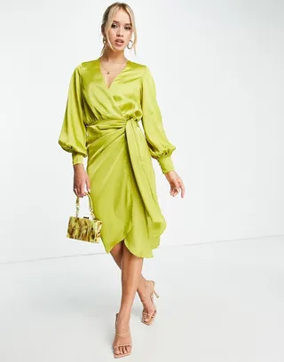 Never Fully Dressed satin wrap midi dress in olive green