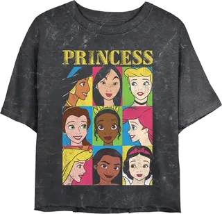 Junior's Disney Princess Distressed Close-Up Poster Mineral Wash Crop T-Shirt - Black - X Large