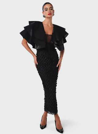 Appilqued Skirt Dress With Ruffle Bodice