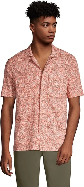 Lands' End Men's Short Sleeve Knit Two Pocket Slub Button Front - Medium - Spiced Apricot Damask