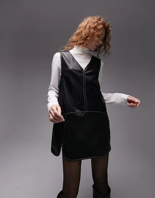 Topshop soft touch PU top stitch mini pinafore in black