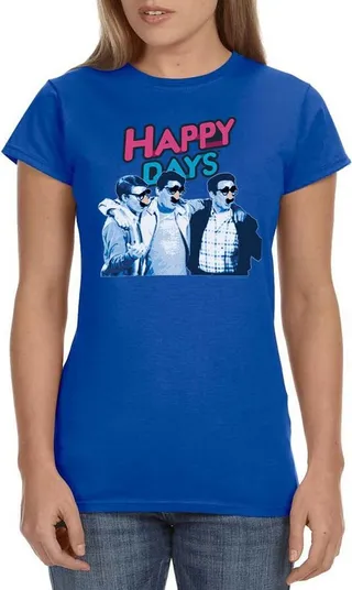 Happy Days Womens' TV Show '70s Logo Funny Character Crewneck T-Shirt (Small) Blue