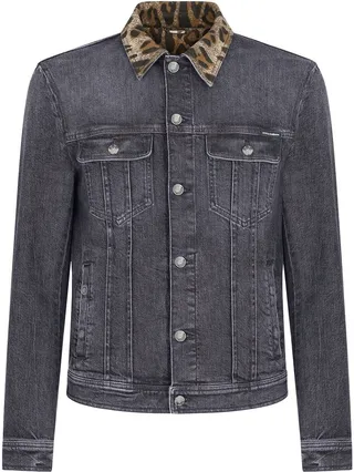 Leopard Collar Button-Front Denim Jacket