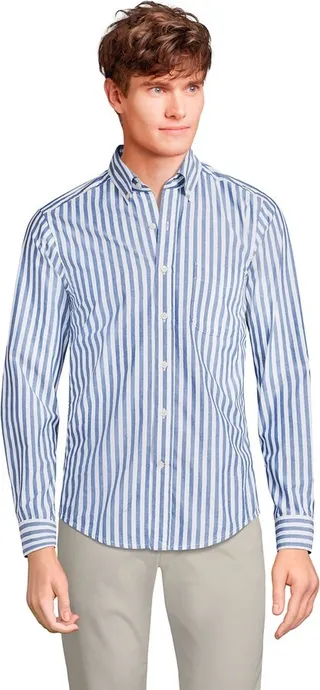 Lands' End Men's Tailored Fit Essential Lightweight Long Sleeve Poplin Shirt - Medium - Evening Blue Stripe