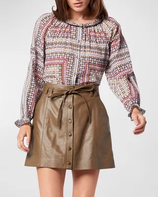 Moneta Blouson-Sleeve Geometric-Print Blouse