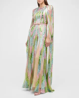Sequin-Embellished Tulle Cape-Sleeve Gown