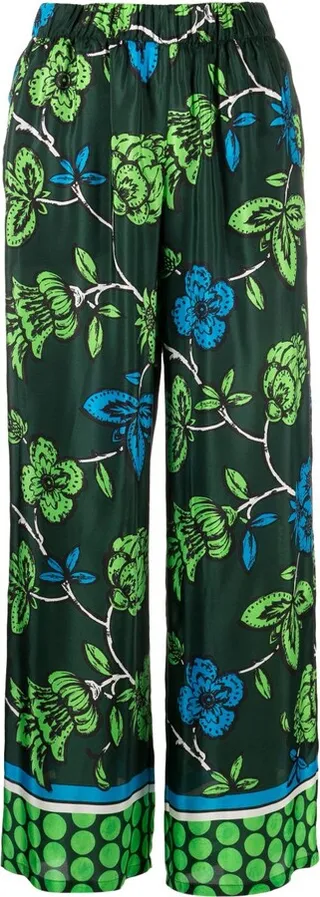 Floral-Print Silk Trousers