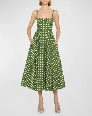 Woven-Print Bow Bustier Tea-Length Dress