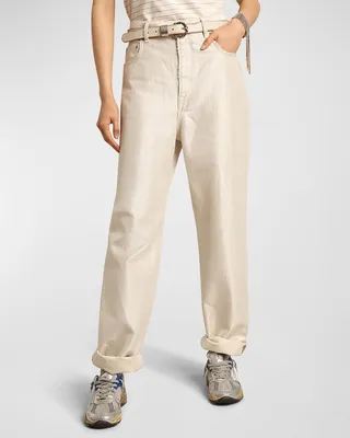 Journey Straight-Leg Distressed Metallic Denim Jeans
