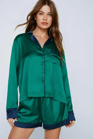 Nasty Gal Womens Contrast Detail Pajama Shirt and Short Set