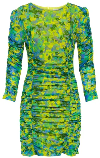 Ruched printed mesh minidress