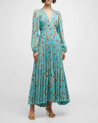 Annie Pleated Silk A-Line Maxi Dress