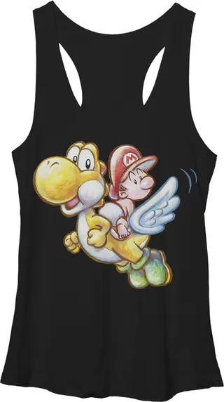 Women's Nintendo Yoshi's New Island Flying Racerback Tank Top - Black Heather - X Large