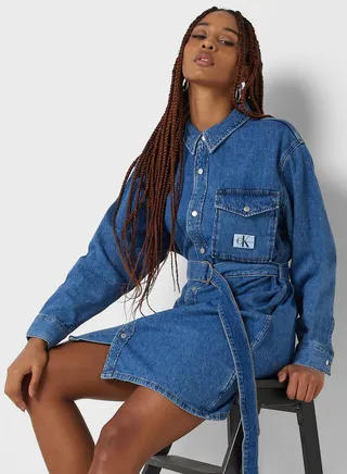 Belted Pocket Detail Denim Dress