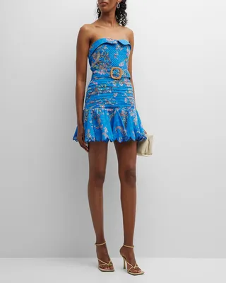Tula Strapless Floral Cotton-Linen Belted Mini Dress
