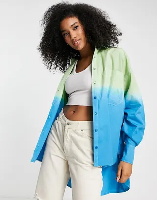 ASOS DESIGN oversized dad shirt in blue & green ombre