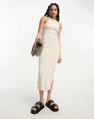 ASOS DESIGN knitted racer midi dress in stone