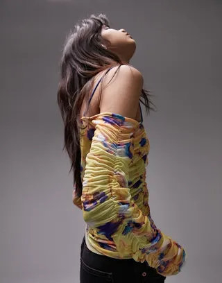 Topshop mesh printed long sleeve ruched bardot top in multi