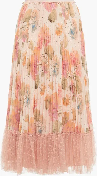 Pleated floral-print georgette and point d'espirit midi skirt