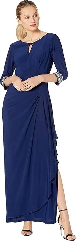 Alex Evenings Long A-Line Dress with Embellished Keyhole Cutout Neckline Embellished Sleeves (Cobalt) Women's Dress