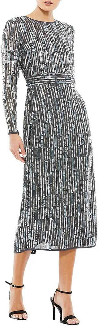 Long-Sleeve Embellished Midi-Dress