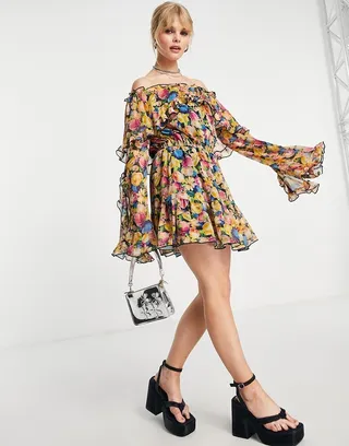 Topshop frill ruffle bardot mini dress in bright floral