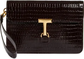 Small T-Clasp Croc Embossed Leather Portfolio
