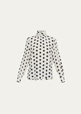 Polka-Dot Turtleneck Silk Blouse