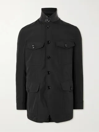 Convertible-Collar Leather-Trimmed Padded Shell Jacket