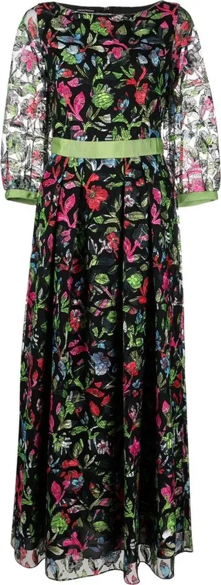 Floral-Embroidered Sheer-Sleeve Dress