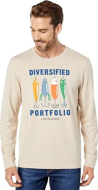 Life is Good Diversified Portfolio Fishing Long Sleeve Crusher Tee (Heather Almond) Men's Clothing