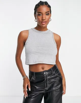 ASOS DESIGN tank top with neck and armhole rhinestone trim in heather gray