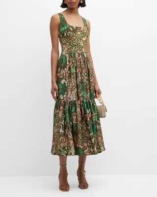 Capri Vine-Print Sleeveless Tiered Silk Midi Dress