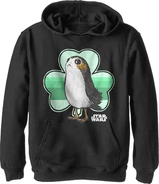 Boy's Star Wars St. Patrick's Day Porg and a Shamrock Pull Over Hoodie - Black - Medium