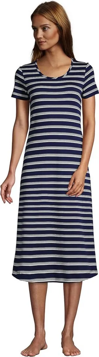 Lands' End Women's Tall Supima Cotton Short Sleeve Midcalf Nightgown Dress - X Large Tall - Deep Sea Navy Founders Stripe