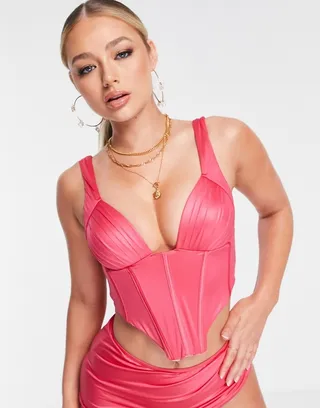 ASOS LUXE satin corset bikini top in hot pink
