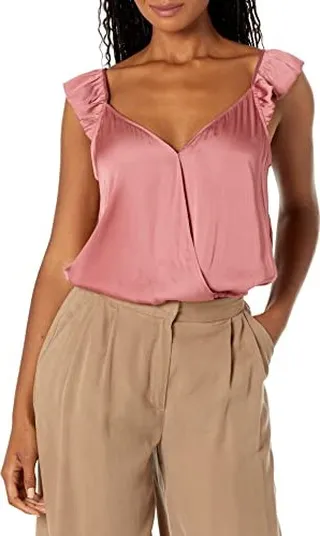 PAIGE womens Lunah Bodysuit V-back Thong Bodysuit Ruffled Cap Sleeve in Muted Brick Dust Blouse