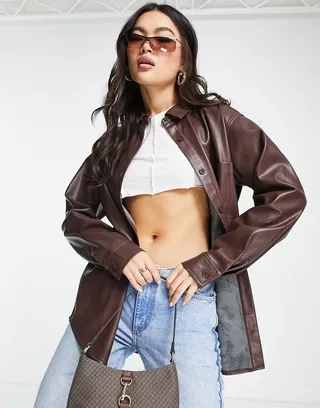 ASOS DESIGN faux leather long sleeve shirt in brown