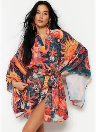 Tropical Patterned Belted Mini Woven Kimono & Kaftan TBESS23KM00024